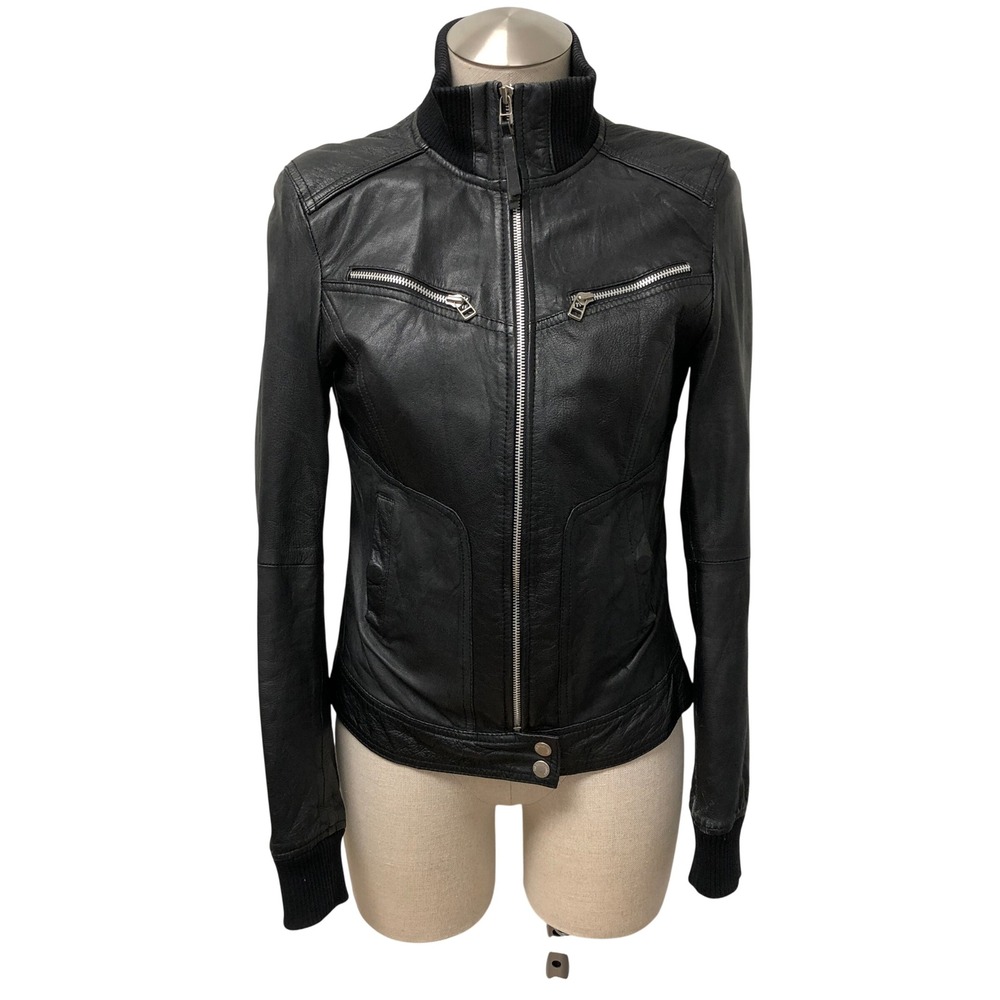 TCF Leather Collection Moto Jacket Womens Small Black Ribbed Knit Trim Zip Up